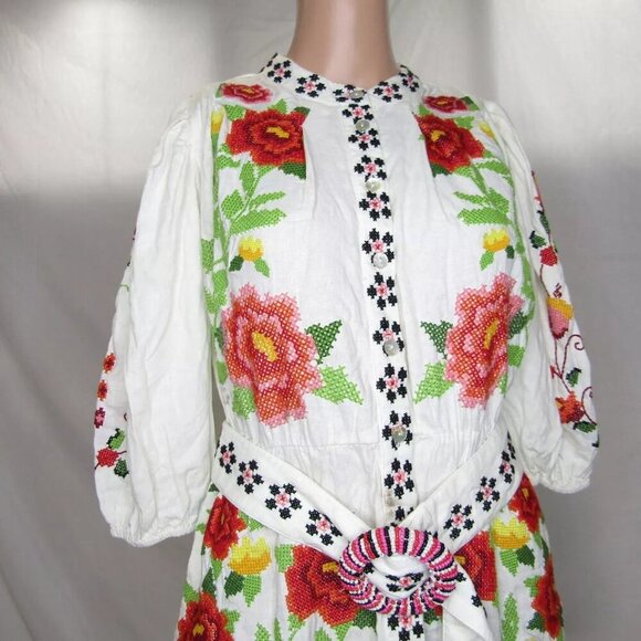 NEW FARM RIO Womens Conscious Embroidered Poplin Dress Size S Floral Off White - Picture 2 of 12